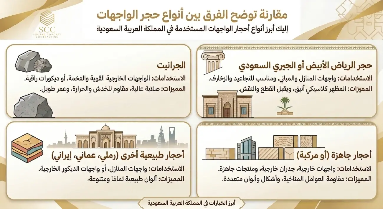 مقارنة توضح الفرق بين انواع حجر الواجهات