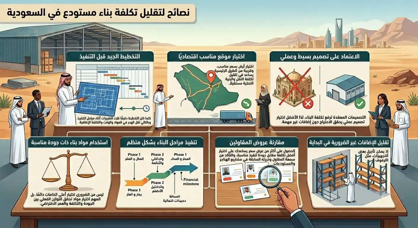 نصائح لتقليل تكلفة بناء مستودع في السعودية