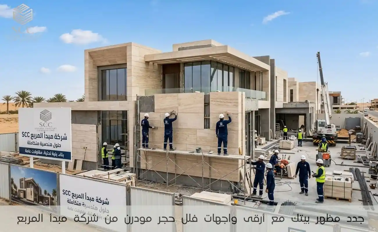 جدد مظهر بيتك مع أرقى واجهات فلل حجر مودرن من شركة مبدأ المربع